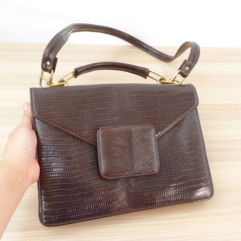 Vintage Lizard Bag Flap 2Way Shoulder Top‎ Handle Brown Teju Leather Chocolate